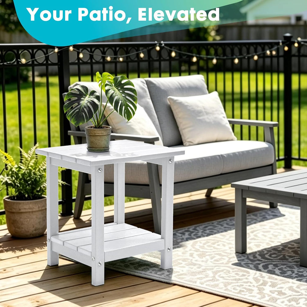 Outdoor 2-Tier Square Side Table, Adirondack Weather Resistant Patio End Table, Low Maintenance HDPE Accent Table for Backyard, Pool, Porch, Deck, White