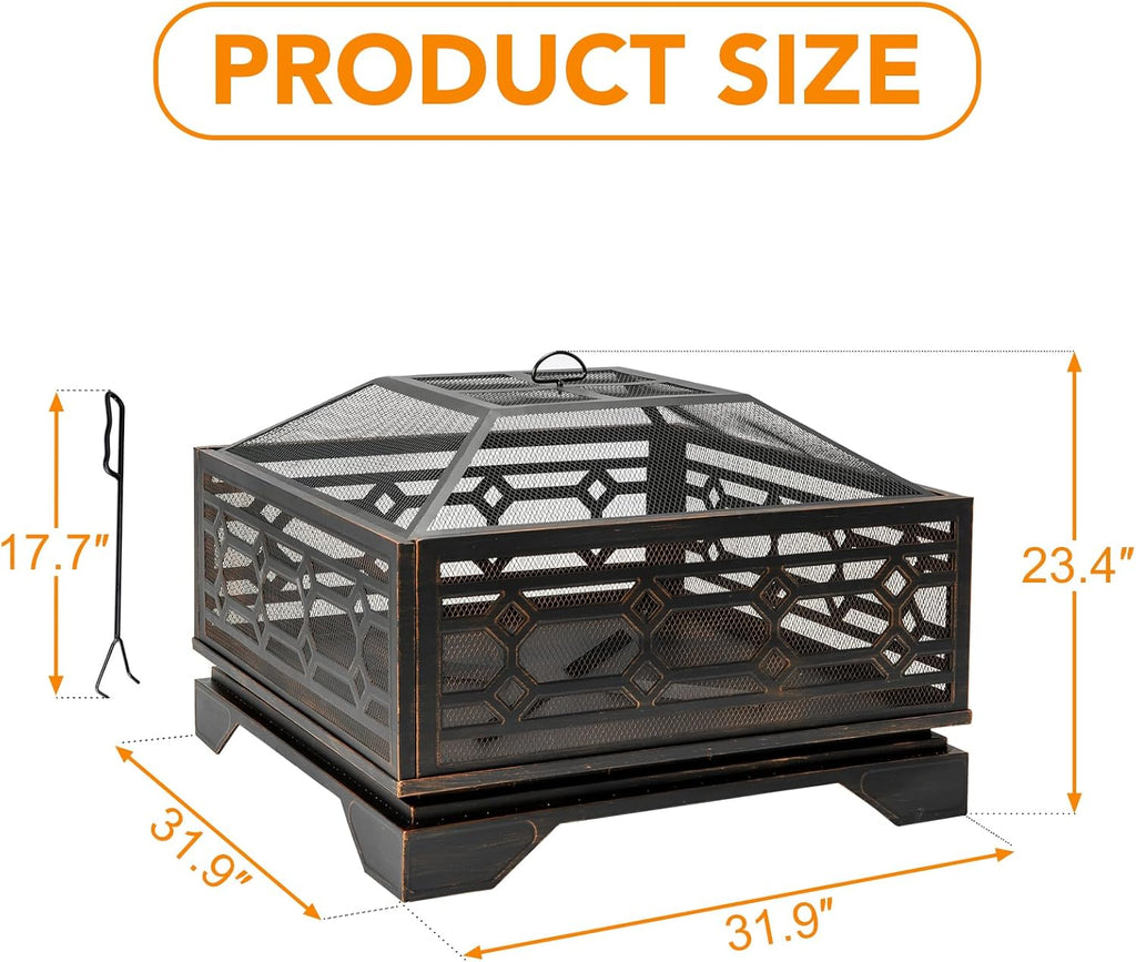 32 inch outdoor fire pit, wood burning outside showing dimensions