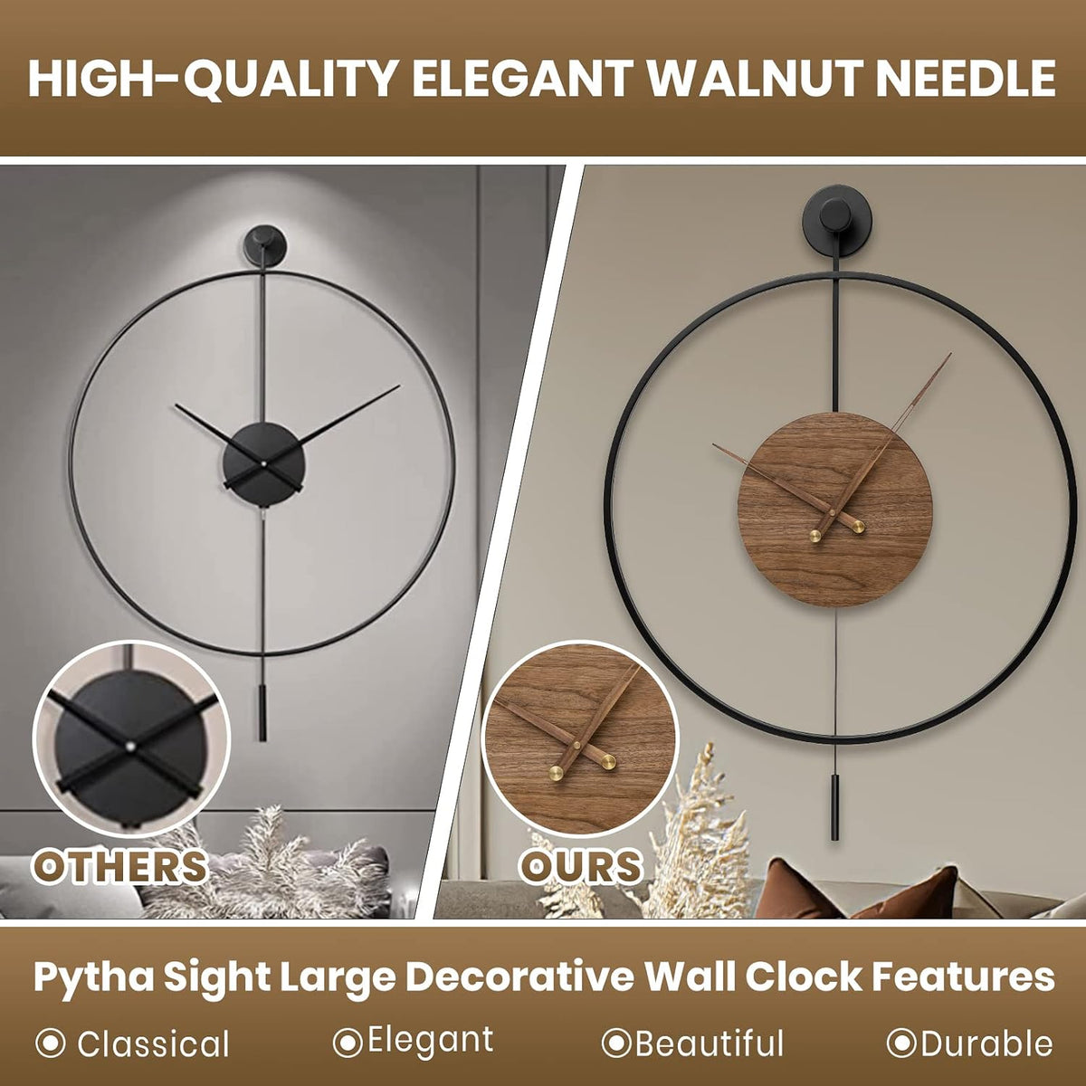 Pytha Sight 30.7×20 Inch Large Modern Decorative Walnut Pendulum Wall Clock
