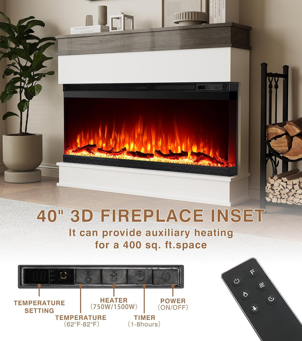 3-Sided View Electric Fireplace Insert - Minimalist Mantel - 12 Color Flame Effect - 1500/750 Watt Heater - Remote Control - Log & Crystals(40", White)