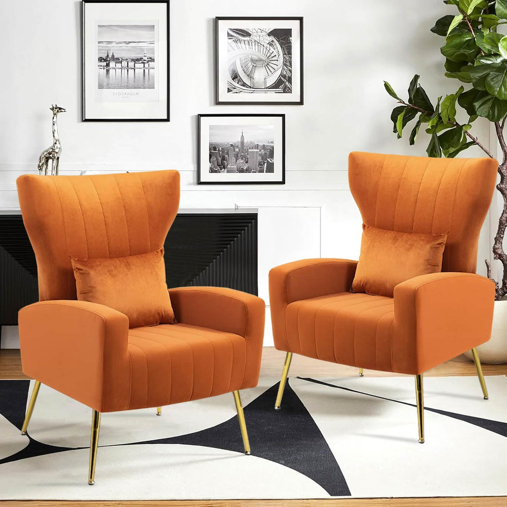 Modern Accent Chairs Set of 2, Wingback Chair with Arm & Gold Legs, Living Room Bedroom Side Chair with Lumbar Pillow, Velvet Upholstered, Channel Tufted, Orange