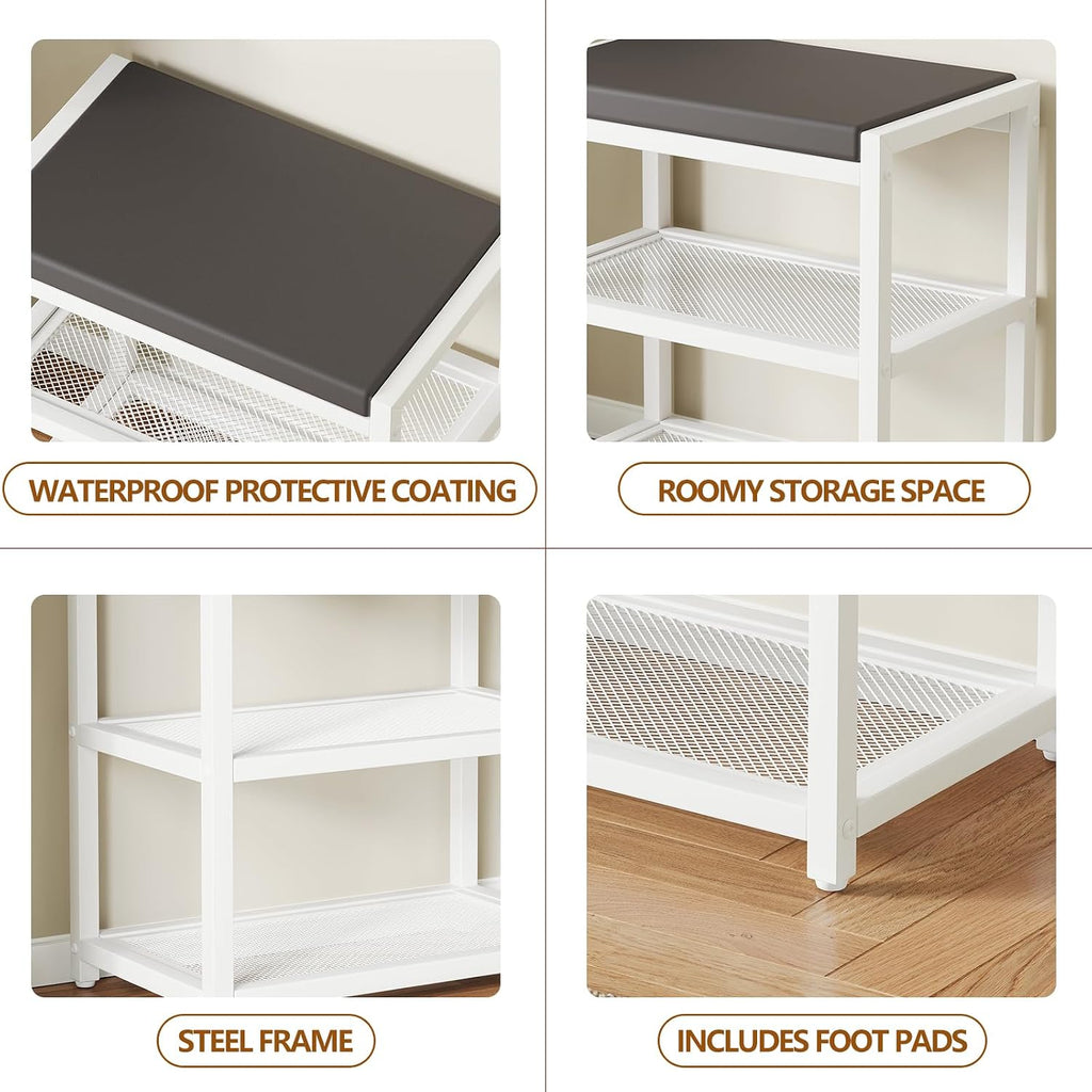 Small Shoe Bench Shoe Rack Storage Bench Entryway Bench Shoe Shelf with Seat Cushion, Stable Shoe Organizer for Entryway, Living Room, Bench Seat Holds Up to 300 lb, (18"L x 12"W x 17"H, White)