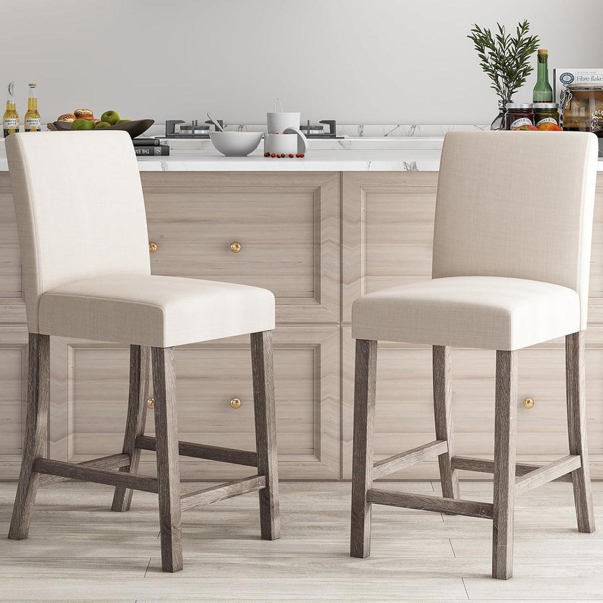 COSTWAY Wooden Counter Height Bar Stools Set of 2 with Upholstered Seat