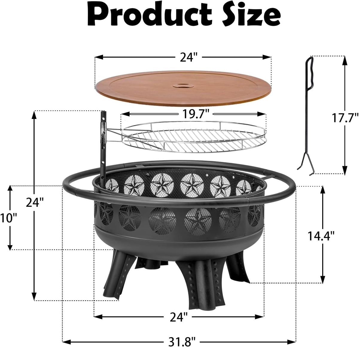 Verdeluxe 32 Inch Outdoor Fire Pit with Grill 3-in-1 Wood Burning
