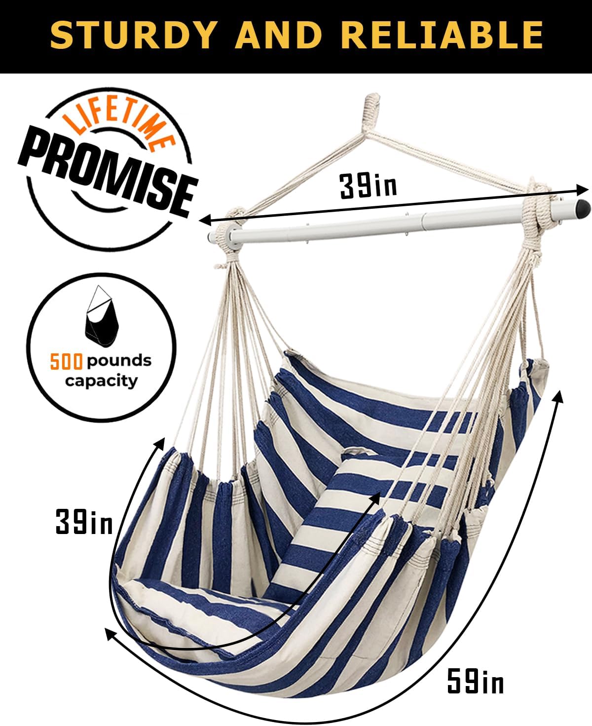 ADVOKAIR Hammock Chair Swing 500lbs Steel Bar 2 Cushions Multi Size