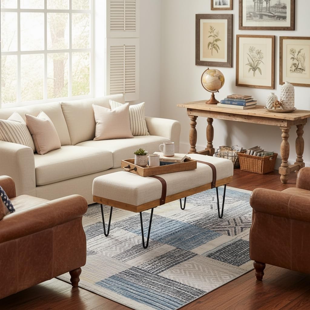 DUOMAY Industrial Modern Linen Rectangle Ottoman Bench, Beige