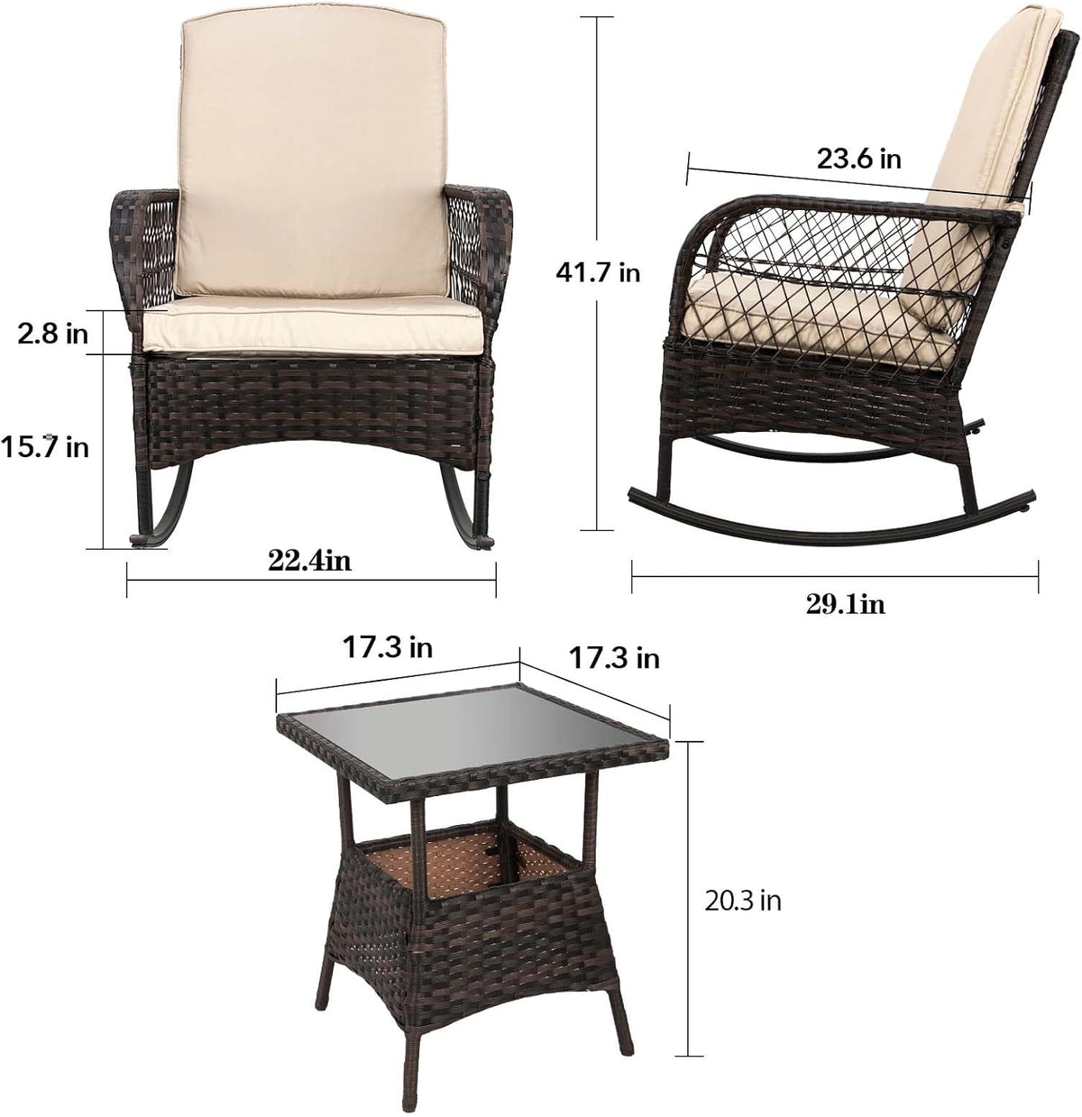LEVELEVE 3 pcs Rocking Bistro Set Conversation Chairs PE Wicker Outdoor Rocking Chairs & Glass Table,for Porch Lawn Garden Backyard Deck(Rocking Set,Khaki)