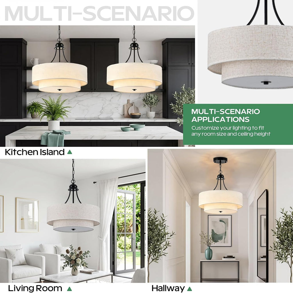 VESPERIX 18" Linen Drum Chandelier, 4-Light Modern Farmhouse Ceiling Light Fixture,2-Layer Fabric Shade with Acrylic Diffuser, Adjustable Hanging Light for Dining Room, Kitchen, Bedroom