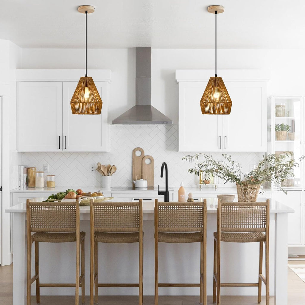 8.7'' woven rattan pendant light fixtures, 2 pack shown in use