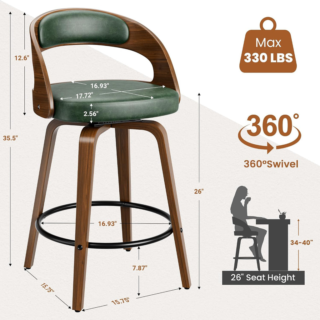 YaFiti Bar Stools Set of 3, 26" Bentwood Counter Height Barstools, Green