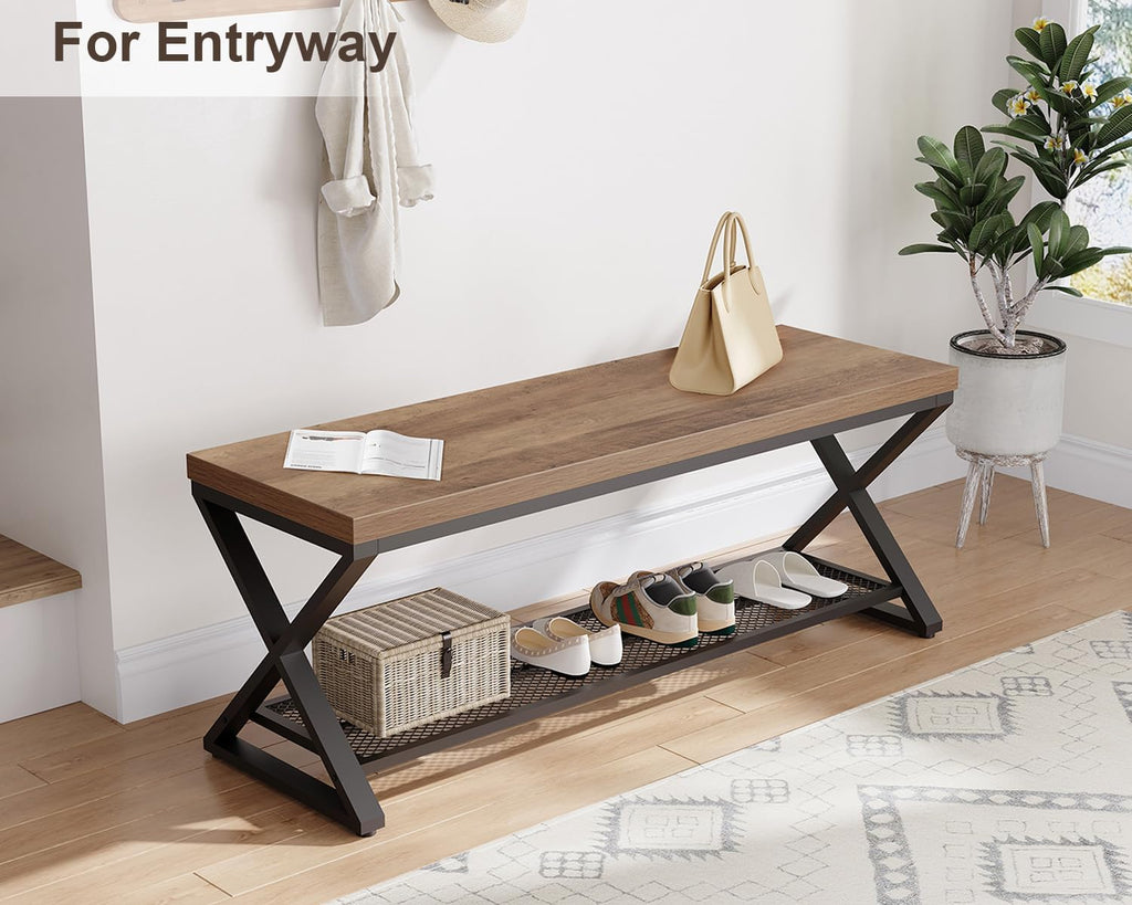 LVB Entryway Bench, Indoor Shoe Bench with Storage & Seating Rustic Oak 47"