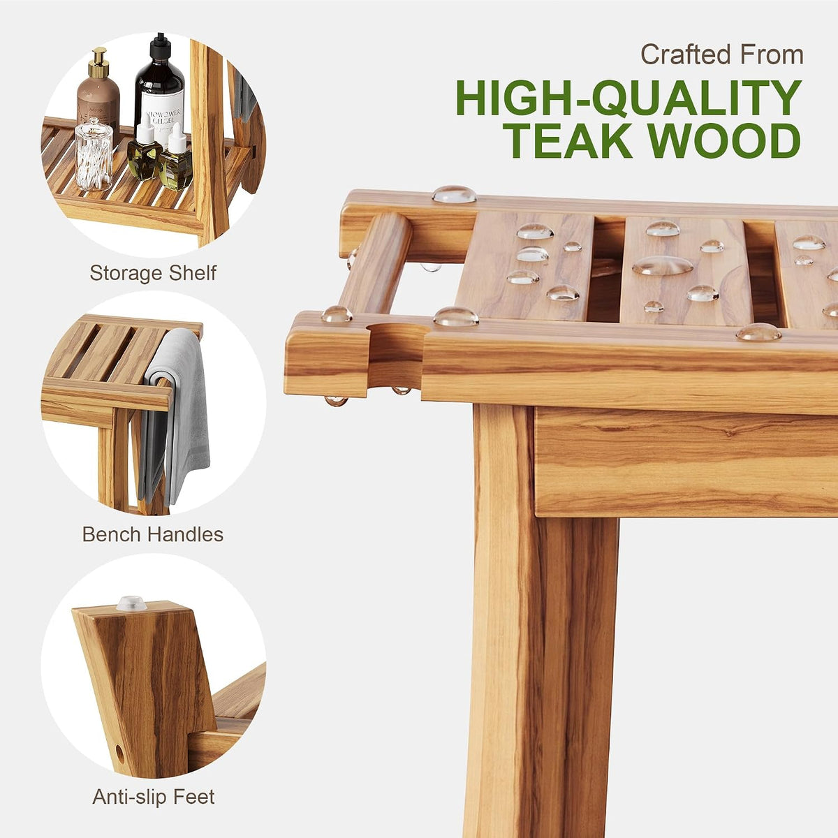 24" Teak Shower Bench with Handles & Towel Shelf