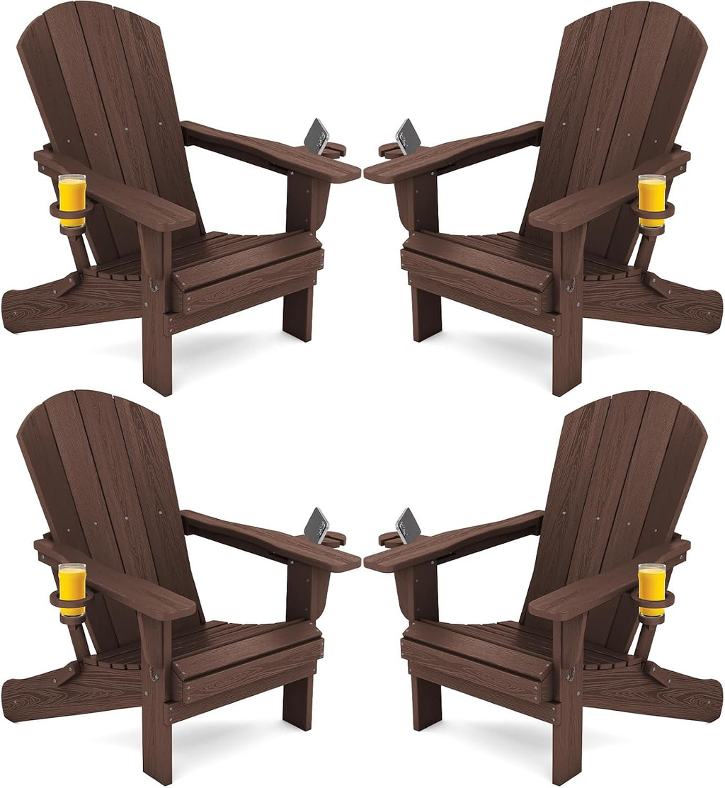 SERWALL Outdoor Adirondack Chair Set of 4 with Cup Holders,Foldable,Coffee