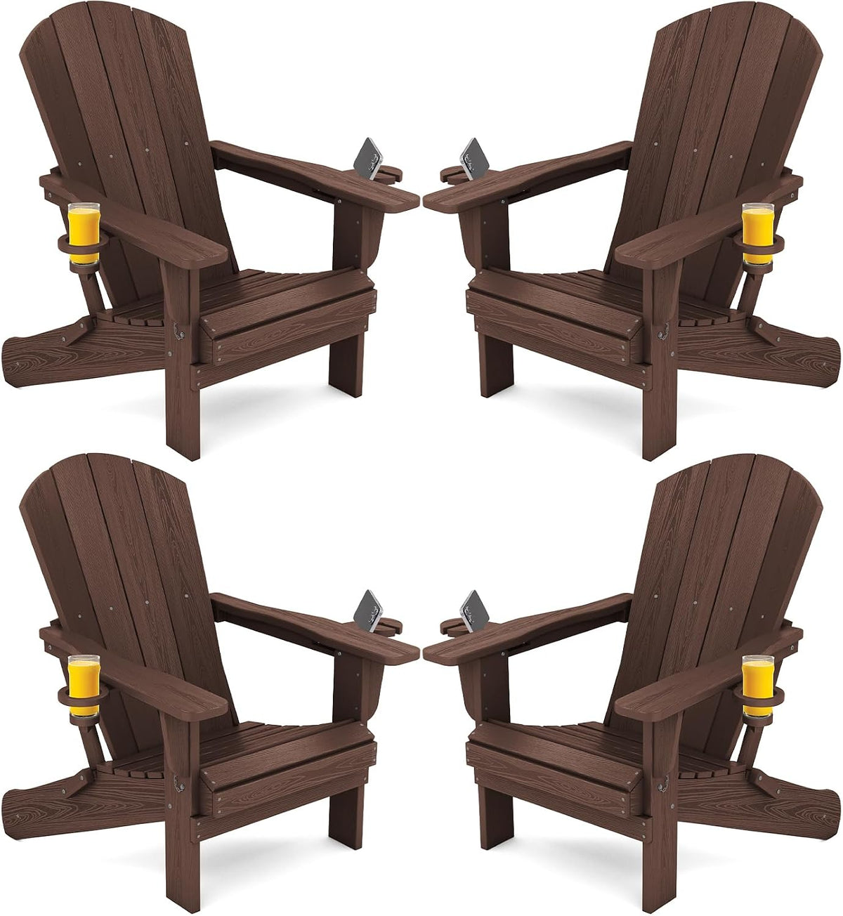 SERWALL Outdoor Adirondack Chair Set of 4 with Cup Holders,Foldable,Coffee