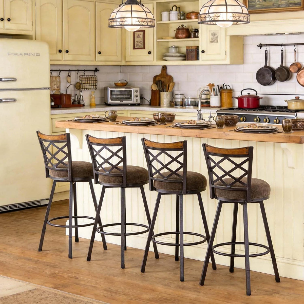 Set of 4 Farmhouse Swivel Bar Stools with Backs, Adjustable 25"/30" Counter & Bar Height Chairs, Industrial Antique Brass Metal, Fabric & Wood for Kitchen Island, Pub