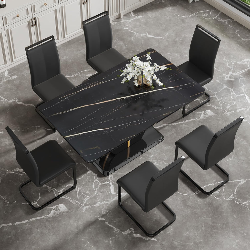 JUFU Modern Dining Table Set for 6,Rectangula Kitchen Table Set with Faux Marble Tabletop＆6 Pu Leather Upholstered Chairs Ideal for Dining Room, Kitchen