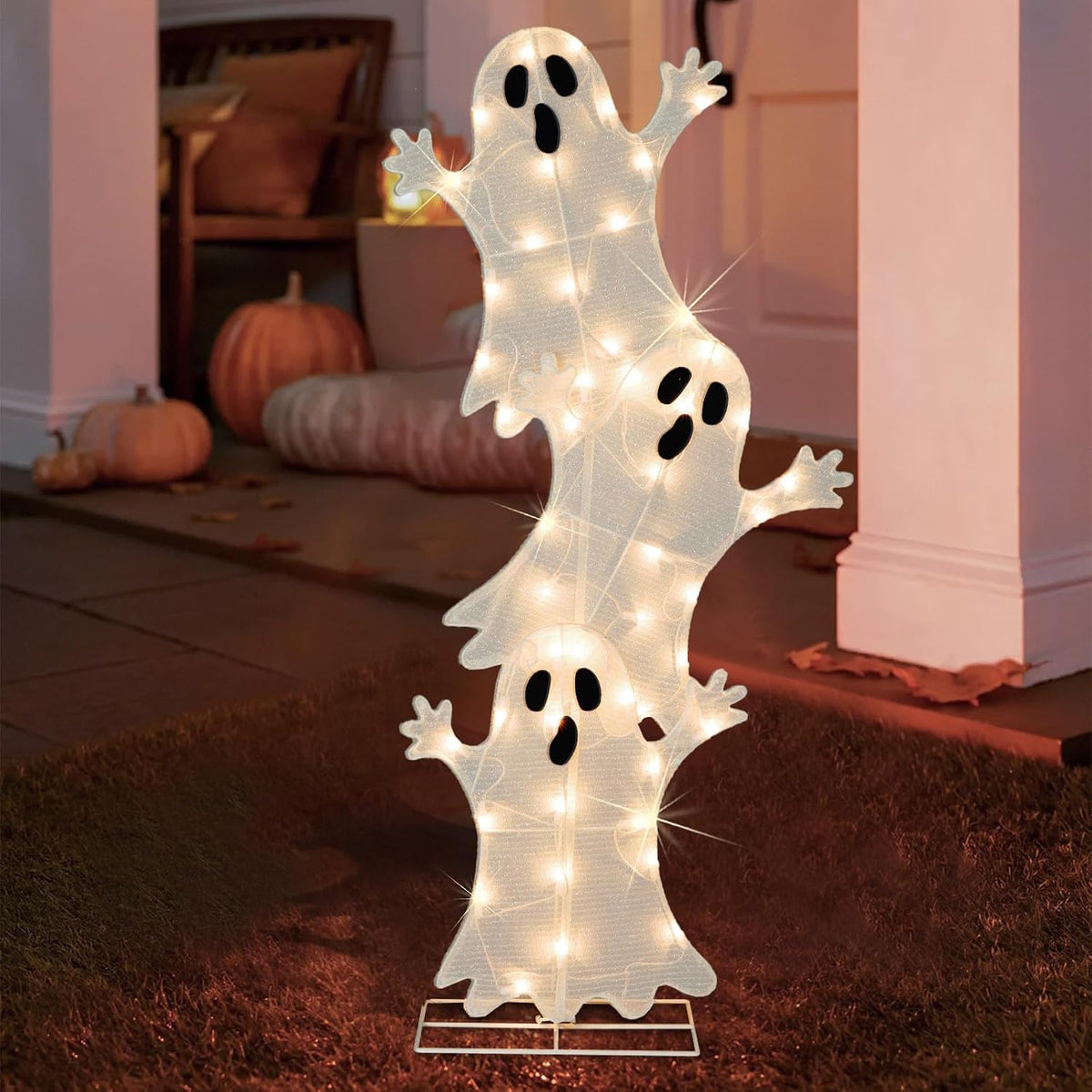 Halloween Lighted 3 Stacked Ghosts, 42’’ H Pre-Lit Lighted Ghosts with 50 Warm White Lights, Light Up Halloween Ghost Decoration for Indoor, Outdoor, Porch, Yard, Holiday Decor