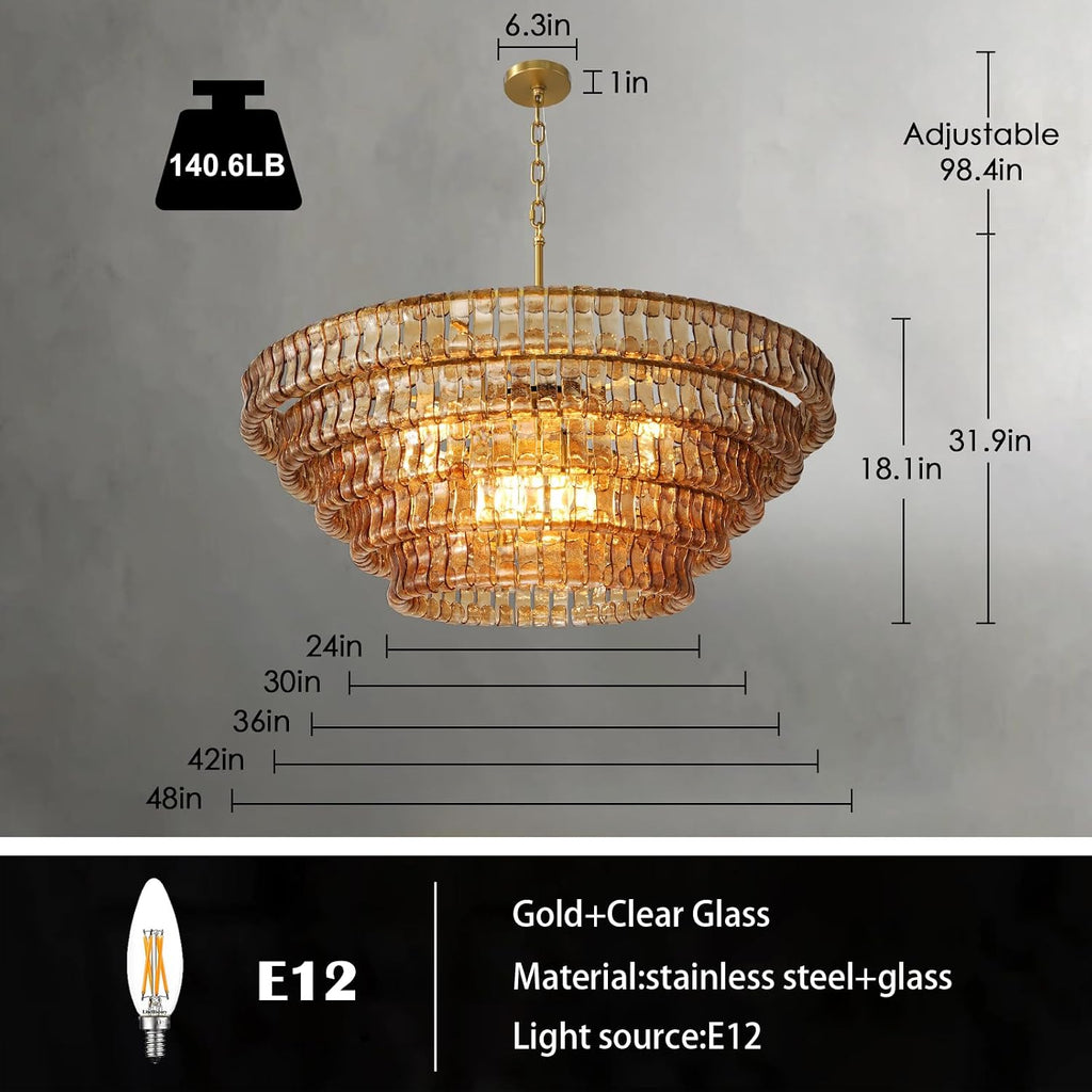 YIOSI Large Chandelier, 48" Gold Chandelier for Dining Room, 8-Light Round Drum Kitchen Island Hanging Light Fixture Perfect for Living Room, Bedroom