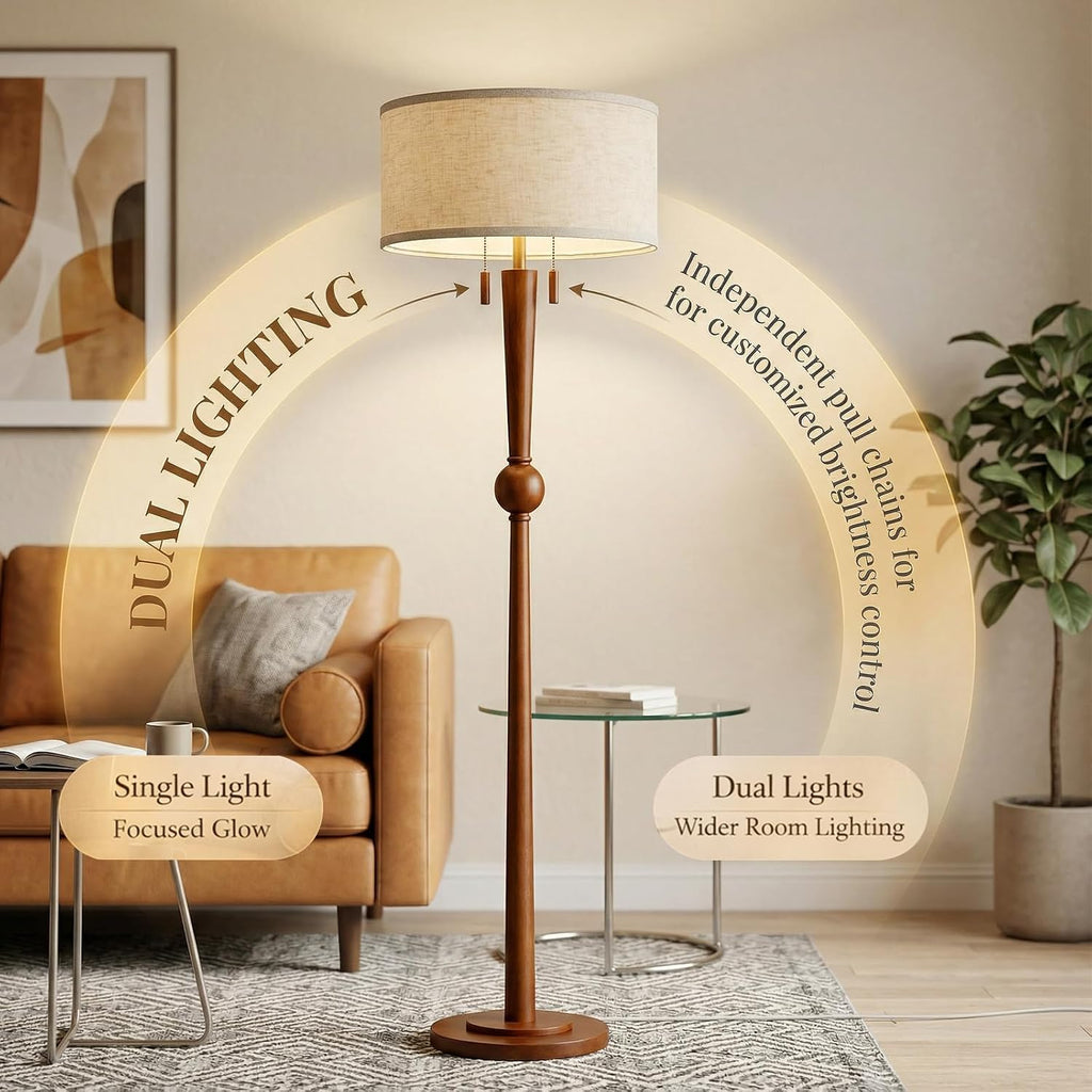 MOFFE Solid Wood Floor Lamp for Living Room with Wooden Pull Chains