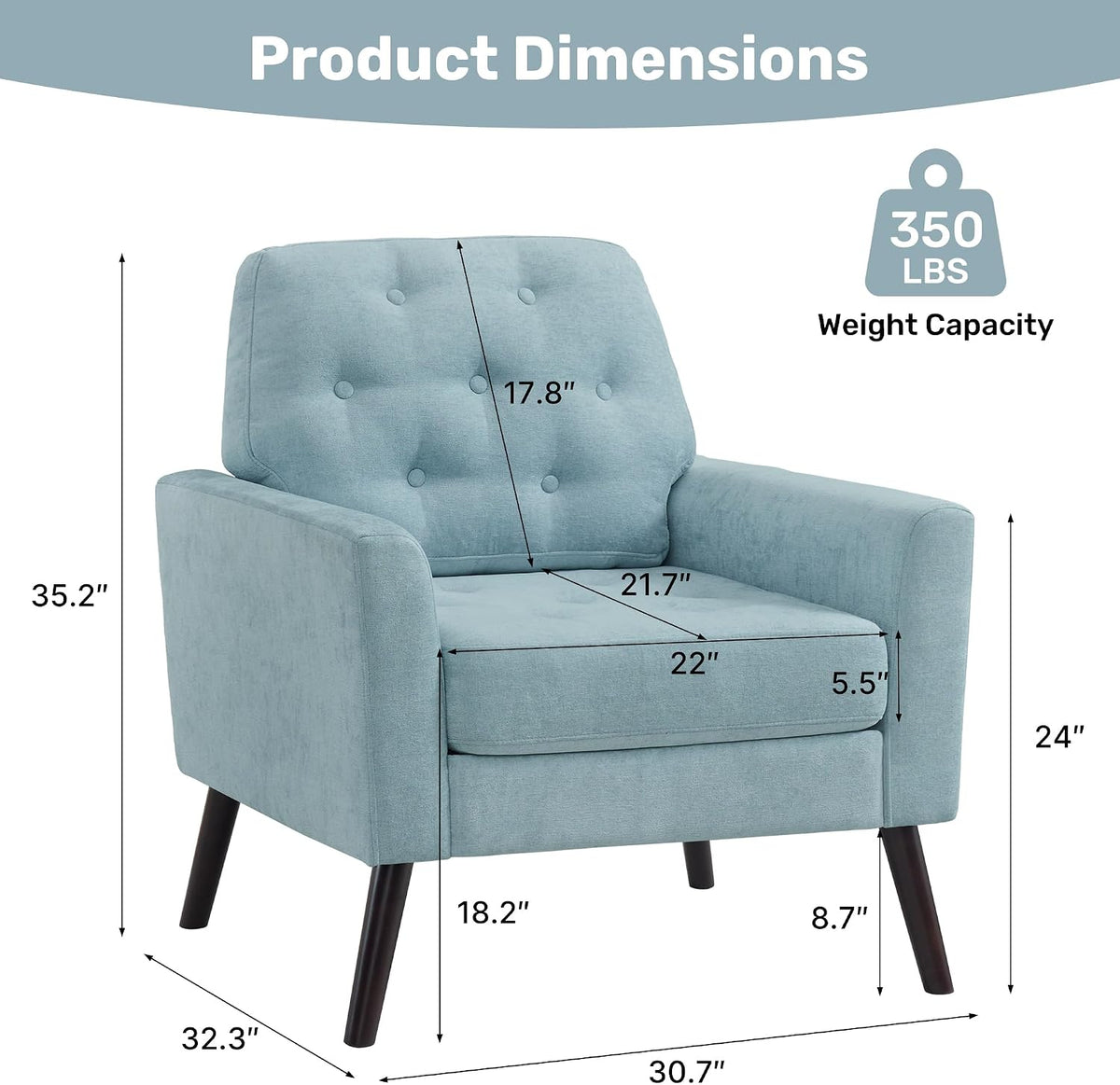 Accent Chair for Living Room, Mid Century Modern Reading Chair, Upholstered Armchair with Tufted Back & Wood Legs, Single Sofa Side Chair for Bedroom Small Room Office Apartment, Teal Green