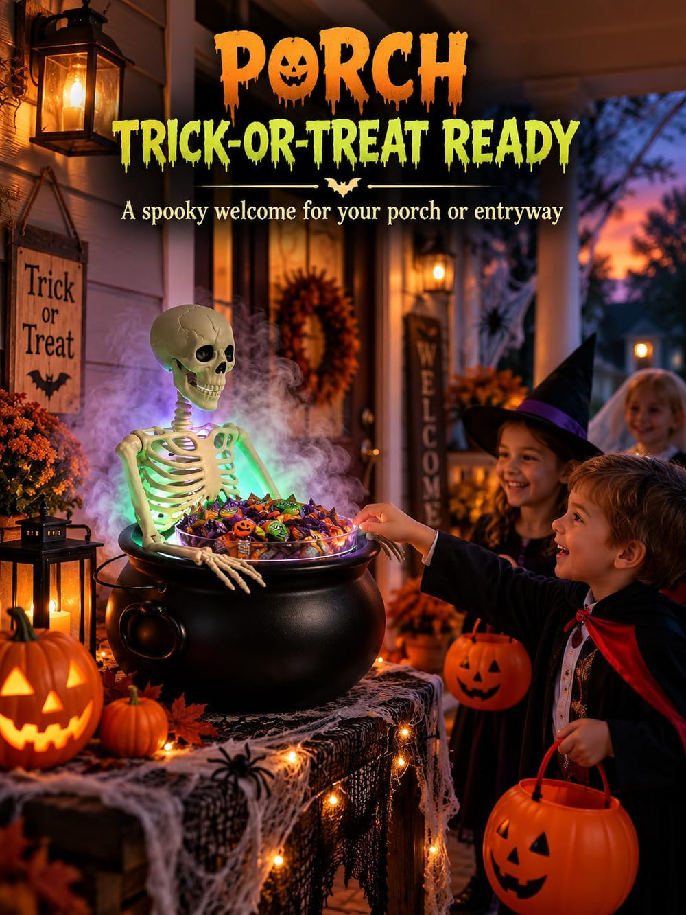 HOMELEX Halloween Cauldron Candy Bowl with Skeleton, LED Mist Maker Decor for...