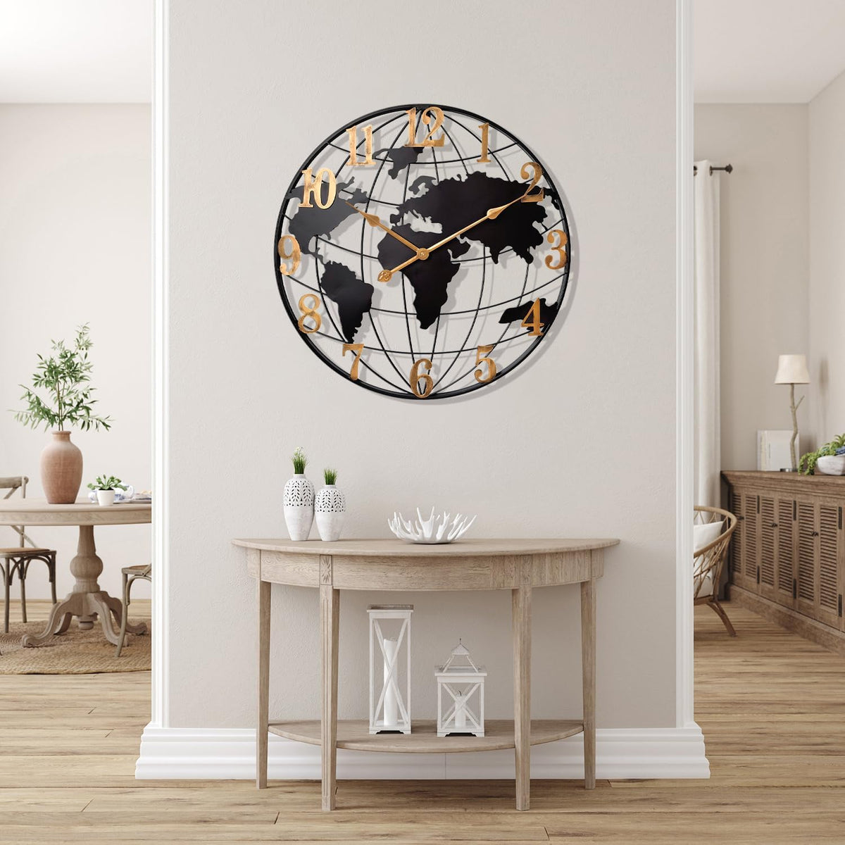 Large World Map Wall Clock Metal Minimalist Modern Round Silent Wall Decor