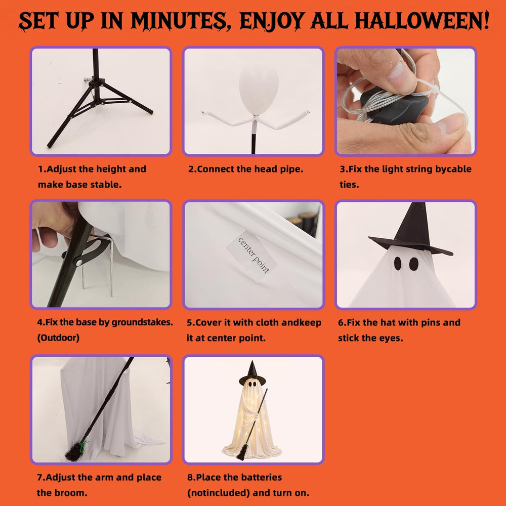 Halloween Decorations Outdoor Light Up Ghost, 53IN Witch Hat Broom Porch
