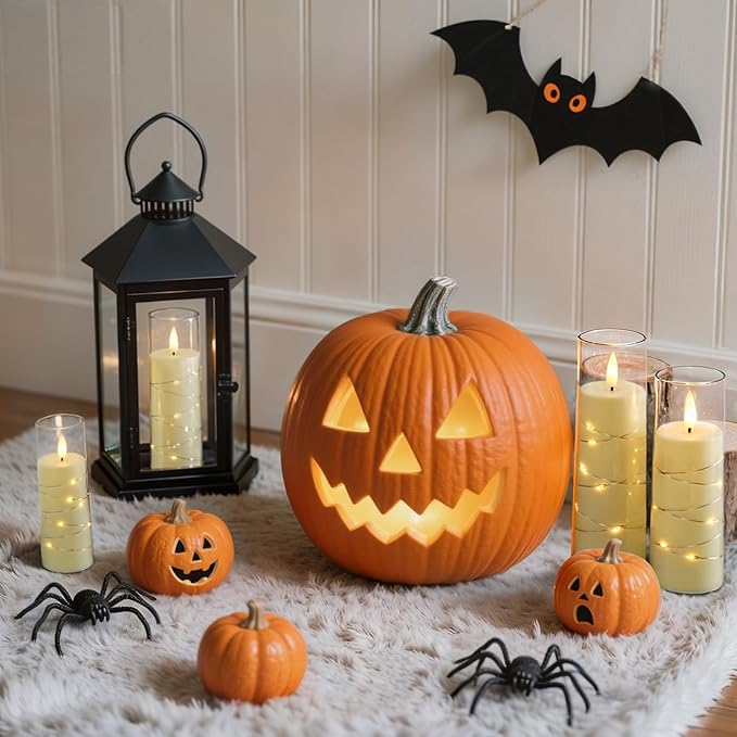 Raycare Flameless Candle with Remote Timer, 7 Flickering Acrylic Battery Operated LED Pillar Candles with Embedded Star String for Halloween, Home Decor, and as a Gift(Ivory) (7 Pack)