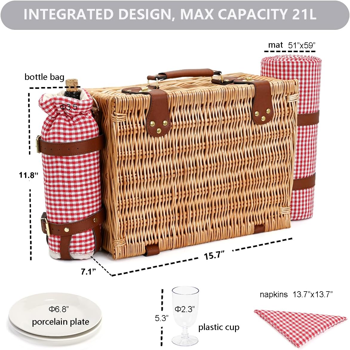 Picnic Basket with Blanket and Wine Pouch for 2, Wicker Picnic Set with Insulated Liner Cooler Bag Hamper for Camping,Wedding - Red Gingham