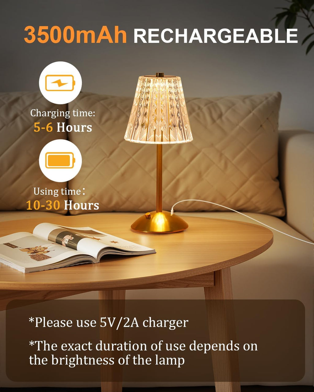 nusogon 2 pack cordless crystal table lamps, rechargeable showing dimensions
