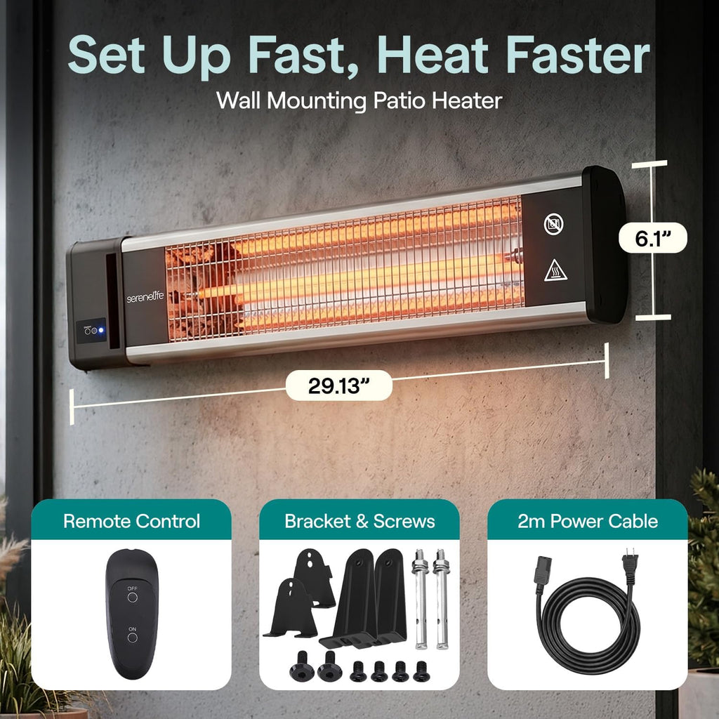 SereneLife Infrared Patio Heater, 1500W, IP65 Approved, Odorless, Wall-Mounted Heater with Remote, Indoor/Outdoor for Patio, Restaurant, Backyard, Garage, Decks