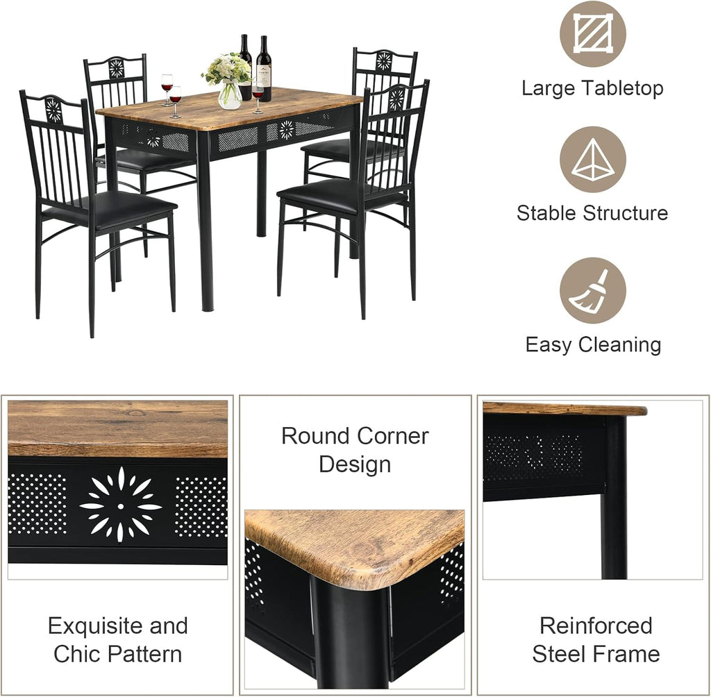 COSTWAY 5 Pieces Dining Table Set, Modern Kitchen Table Set for 4 Person, 42” Rectangular Table w/ 4 Upholstered Chairs, Bistro Table Set for Home, Coffee Shop & Restaurant (Black)