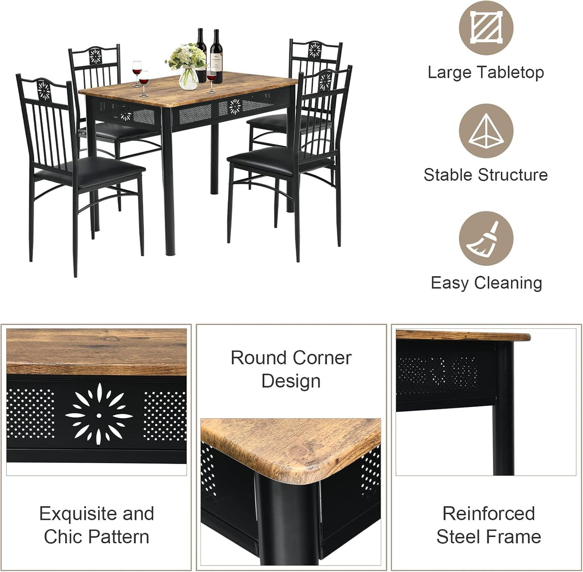COSTWAY 5 Pieces Dining Table Set, Modern Kitchen Table Set for 4 Person, 42” Rectangular Table w/ 4 Upholstered Chairs, Bistro Table Set for Home, Coffee Shop & Restaurant (Black)