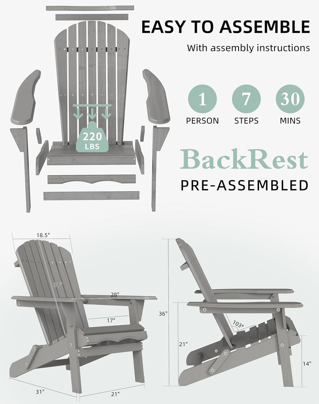 Wooden Folding Adirondack Chair Set of 4, Half Pre-Assembled Wood Lounge Chair for Outdoor Patio Garden Lawn Backyard Deck Pool Beach Firepit
