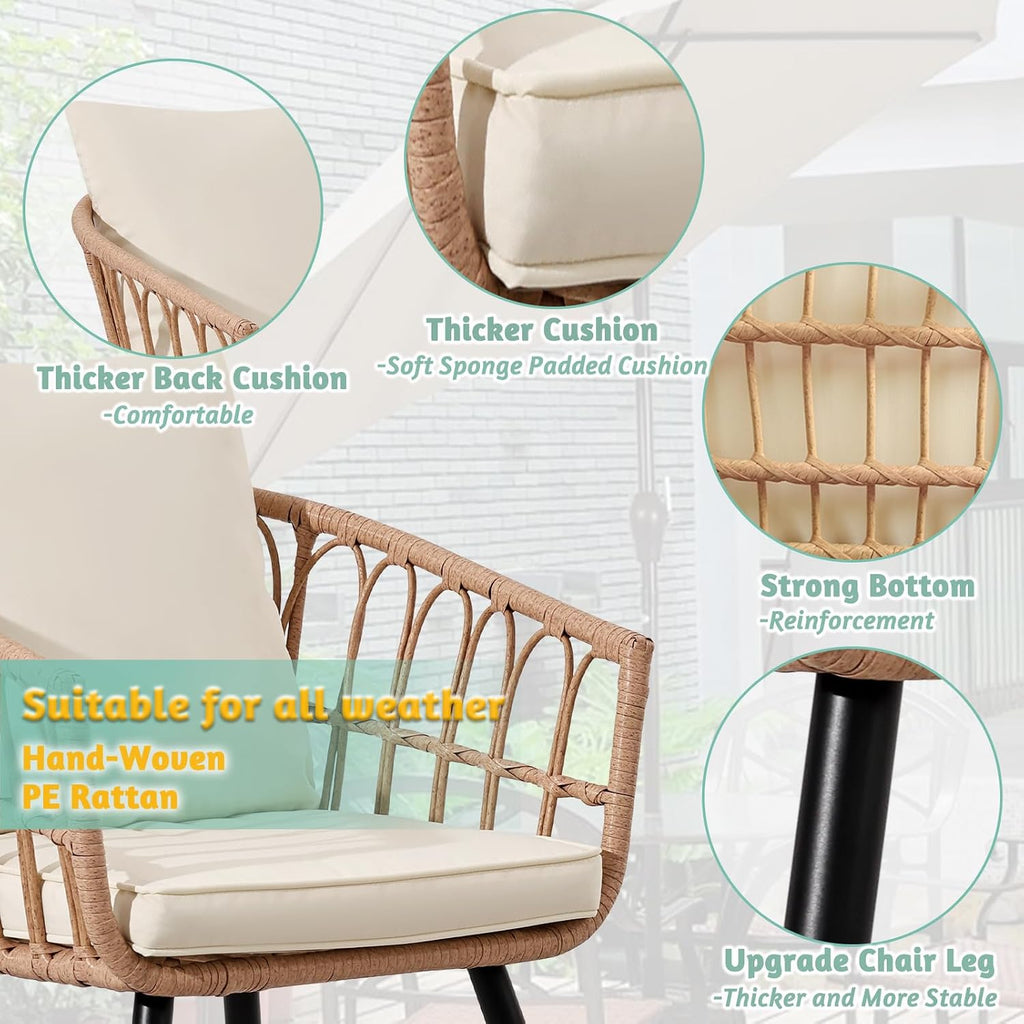 FHFO 3 Piece Patio Bistro Set, Wicker Table and Chairs Set of 2, Beige