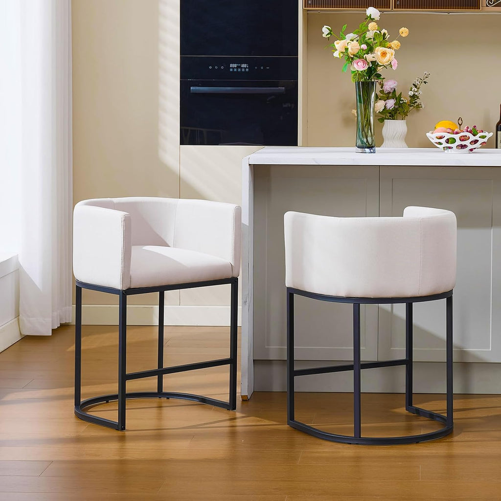 Bar Stools Set of 2, Modern Barstools with Back, Barrel Bar Chairs with Metal Frames, for Kitchen Island, Pub, Club (Beige)