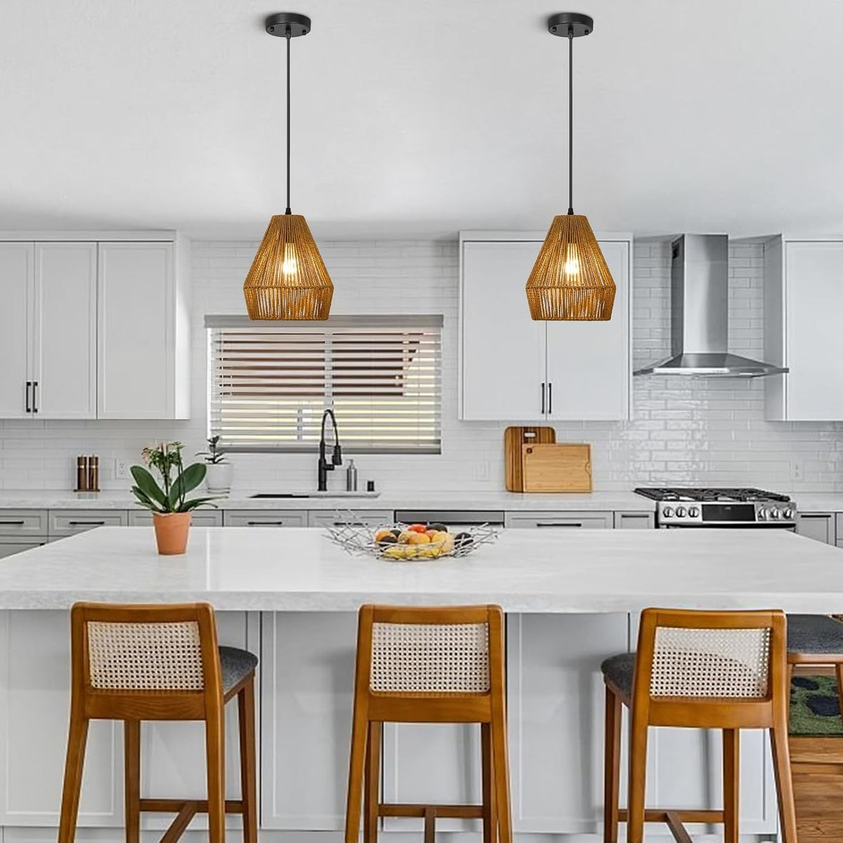 8.7'' rattan pendant light fixtures, boho basket hanging shown in use