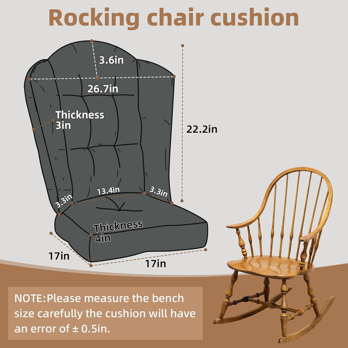 Wingback Rocking Chair Cushion - 17"x17" Seat & 26.7"x 22" Back, for Adirondack Chair, Glider & Indoor Rockers Cushions, High-Density Sponge, Comfort Chenille with Ties(Dark Grey, 2-Piece)