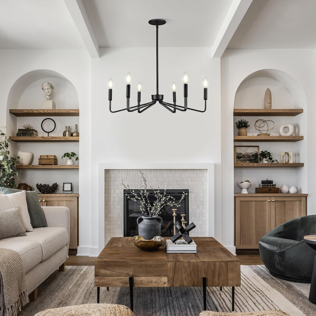 6-Light 26" Farmhouse Black Candle Chandelier for Dining Room