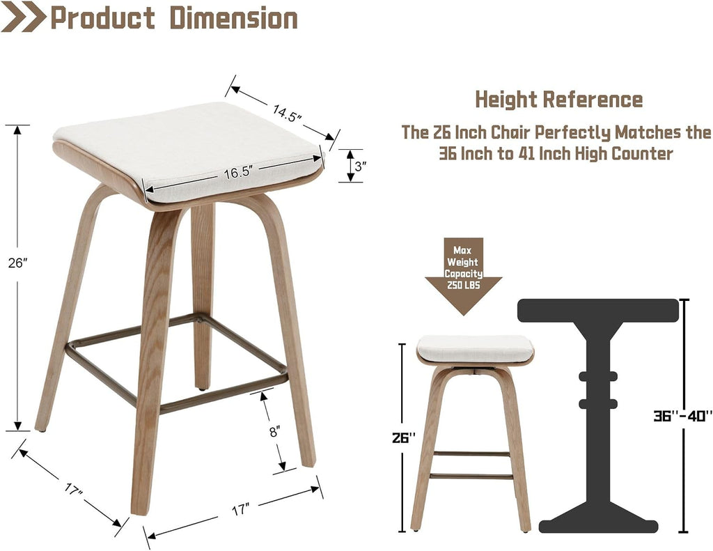 HNY 26" Swivel Bar Stools Set of 2, Backless Counter Height Bar Stools with Removable Linen Cushion, 360° Swivel Wooden Saddle Stools with Footrest for Kitchen Island, Home Bar & Small Spaces
