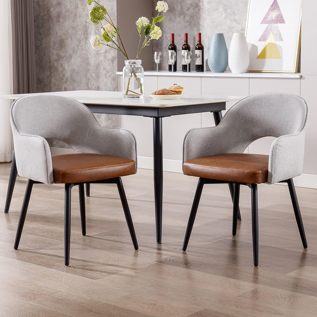 DUOMAY Modern Swivel Dining Chairs Set of 2, Linen & Faux Leather Upholstered Accent Side Chair, Accent Guest Chair for Kitchen Dining Room Living Room, Light Gray & Brown
