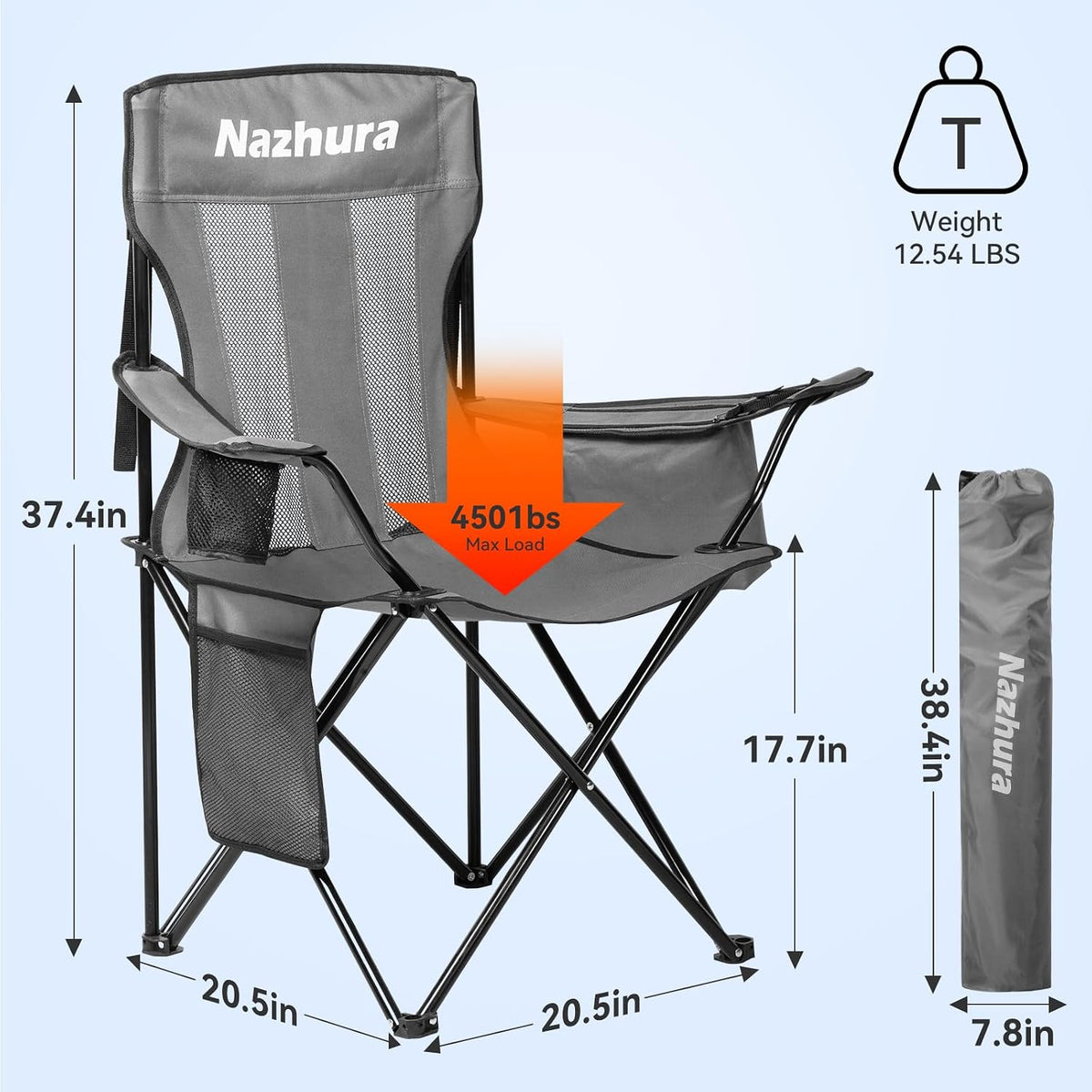Nazhura 2 Pack Outdoor Camping Chairs Folding/Foldable/Portable with Cooler Pouch, Mesh Backrest and Cup Holder Pocket (Grey, Metal, 2 Pack)