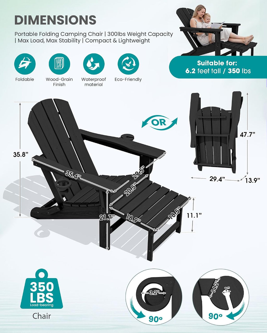 SERWALL HDPE Folding Adjustable Adirondack Chair with Footrest, Black