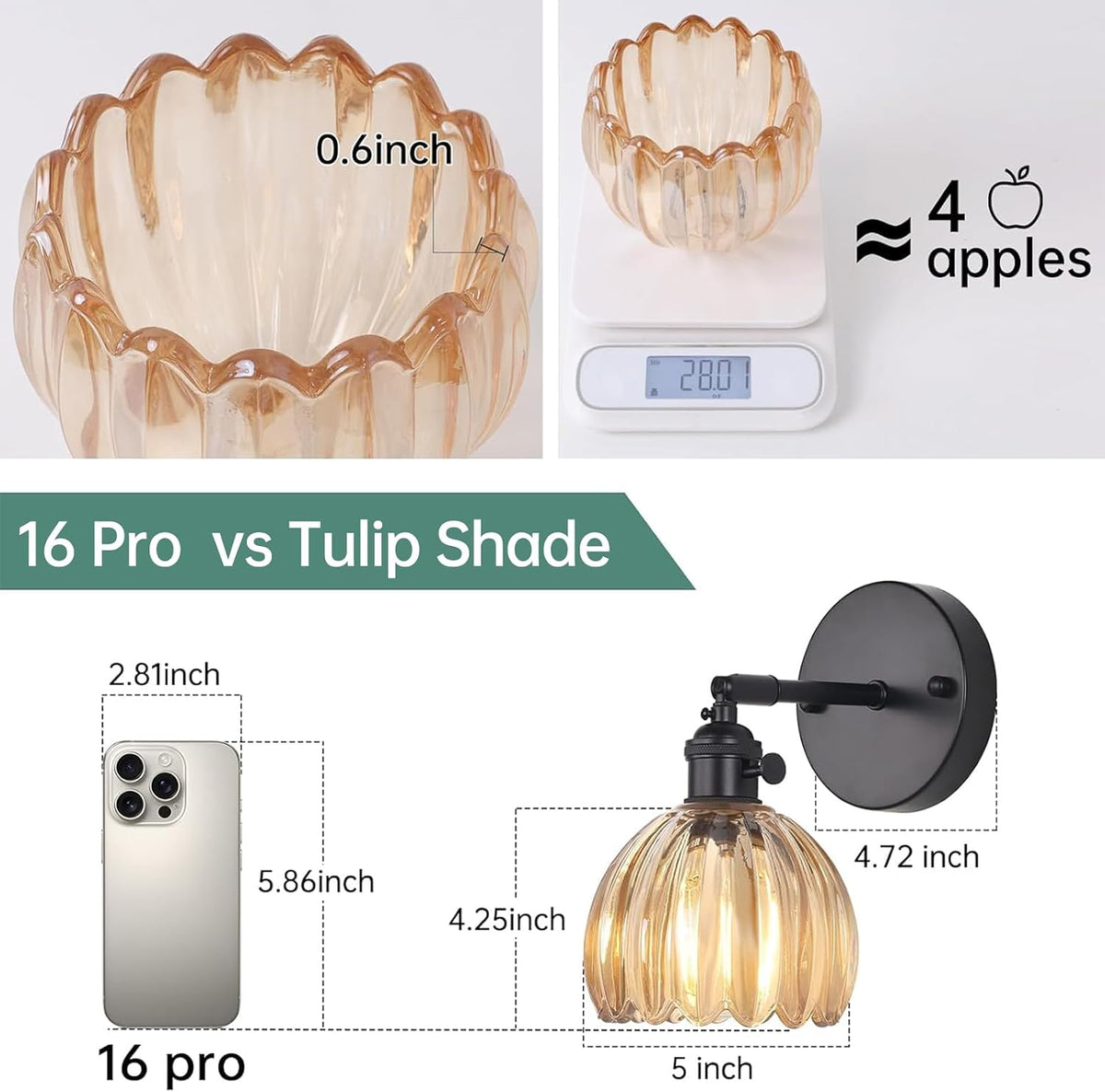 Shenmoyl Vintage Wall Sconce with Amber Tulip Glass Lampshade 180 Degree Adjustable Black Sconce Hradwired Modern Wall Lighting Fixture with Switch for Bedside Bedroom Doorway