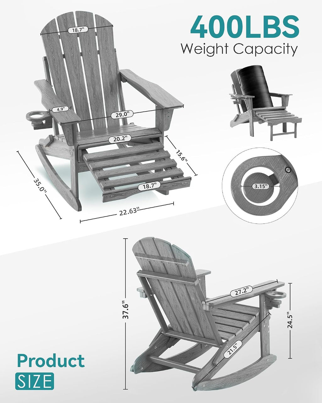 adjustable adirondack rocking chair 4-in-1 retractable ottoman,grey shown in use