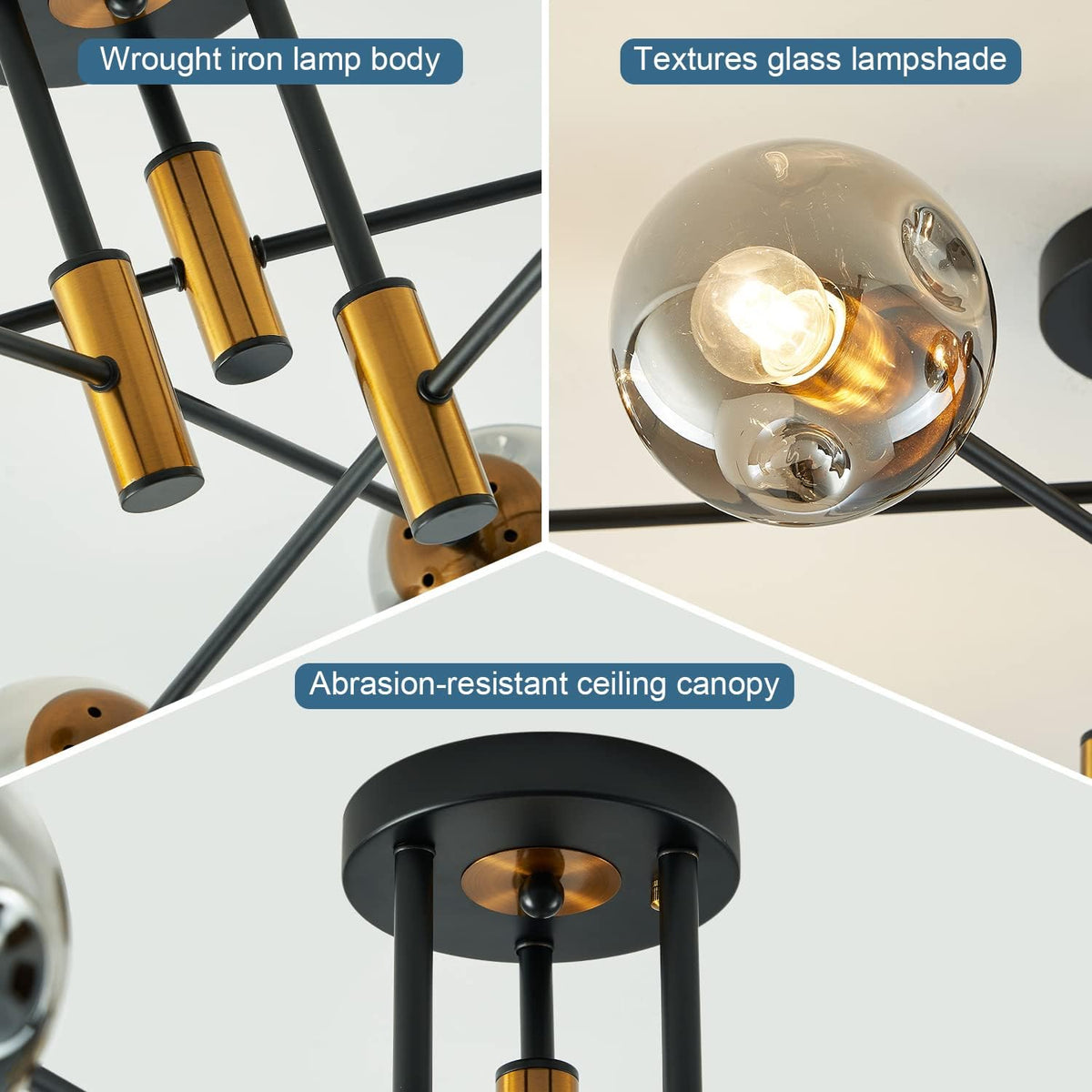 6-Light Sputnik Ceiling Light Fixture Mid Century Black and Gold Chandelier