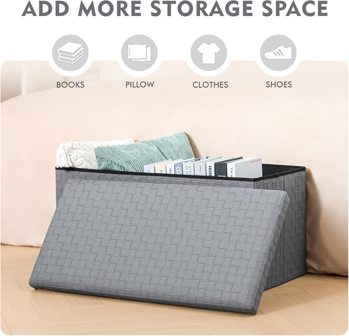 B FSOBEIIALEO Folding Storage Ottoman Bench, 30" Faux Leather Ottomans,Grey
