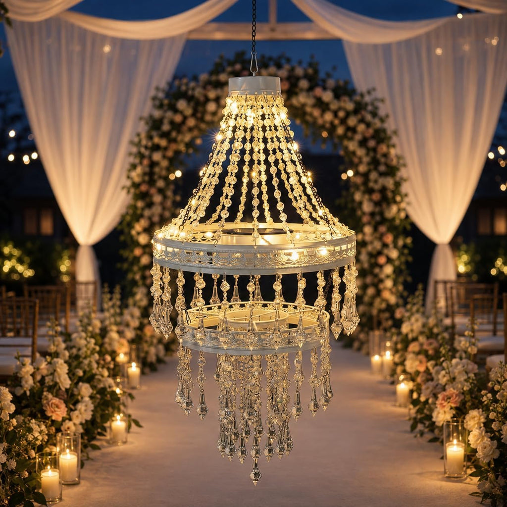 Solar Crystal Hanging Chandelier Outdoor Decorative Garden Light | Acrylic Crystals with 30 Warm LEDs for Gazebo, Wedding, Party, Tree Perfect Gift for Mom