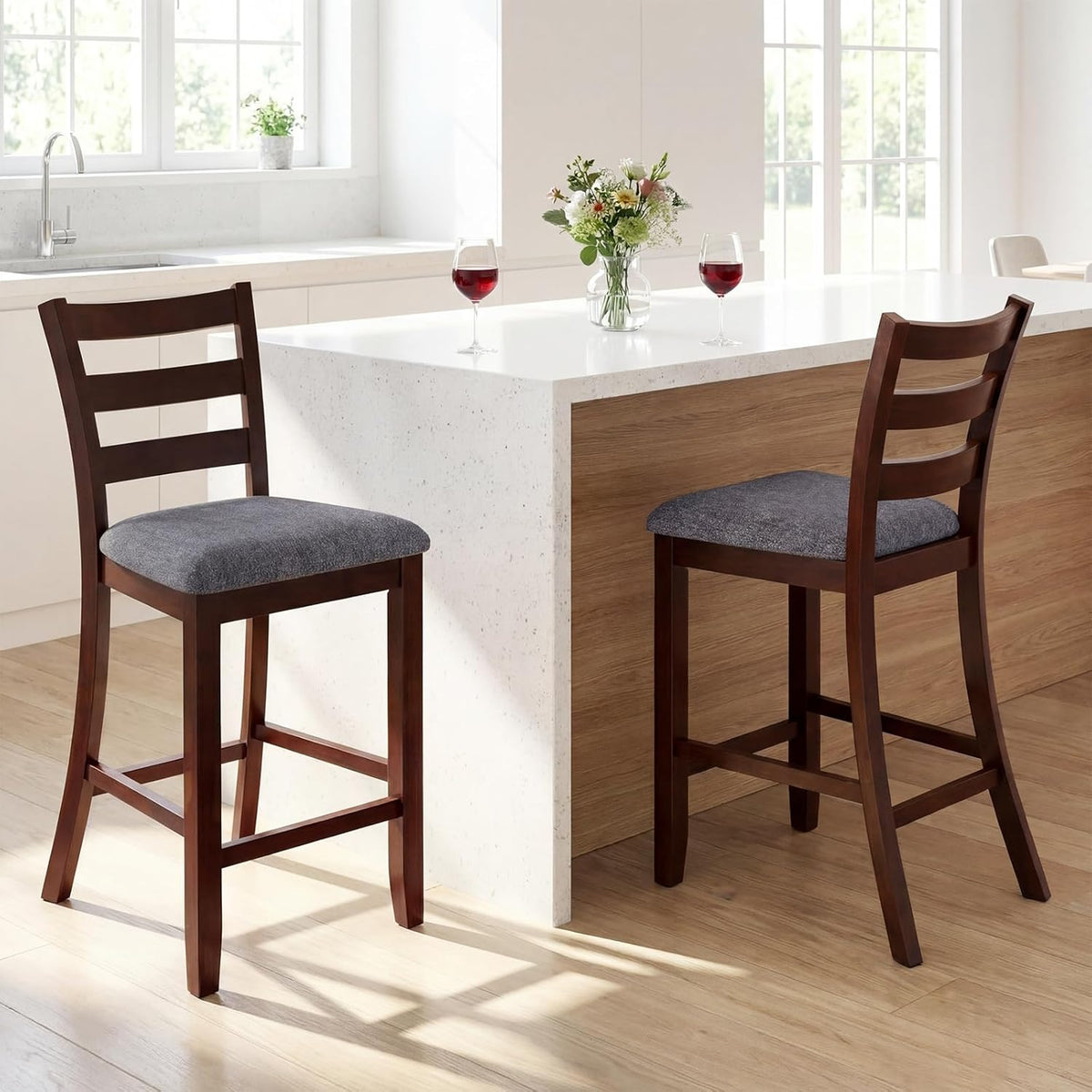 COSTWAY Set of 2 Counter Height Bar Stools with Solid Rubber Wood Frame