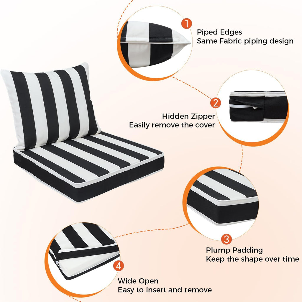 Magpie Fabrics Outdoor Deep Seat Cushion Set 24x24x4 Inch Thick Chair Pad and 24"x20" Back Pillow with Removable Cover, Water & Fade Resistant for Patio Sofa - Black White
